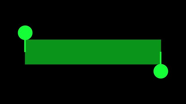 Green lower third title bar animation with two dots expanding on black background. Video production overlay element.
