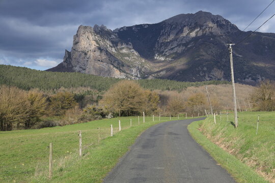 Winding country road leading to Pic de Bugarach, a mountain in Corbi&egrave;res mountain range in Aude department, southern France