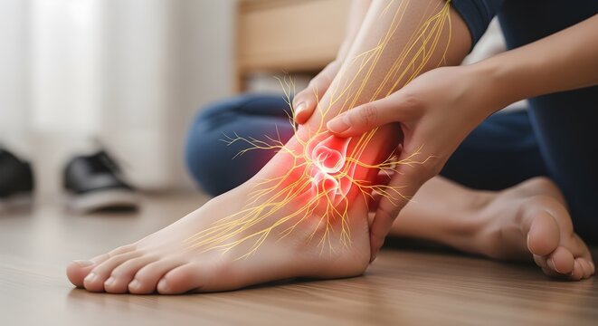 Person with injured ankle in pain, useful for medical or rehabilitation concepts, health and wellness websites, physical therapy publications.