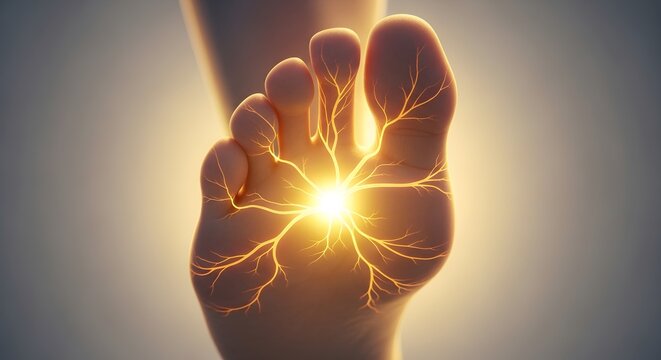 Human foot anatomy with glowing nerves and yellow light, suitable for medical, science or healthcare concepts, textbooks, and presentations.
