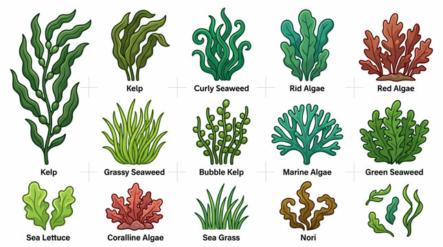 Seaweed and marine algae vector collection featuring kelp, sea lettuce, nori, sea grass, and various aquatic plant species in cartoon style