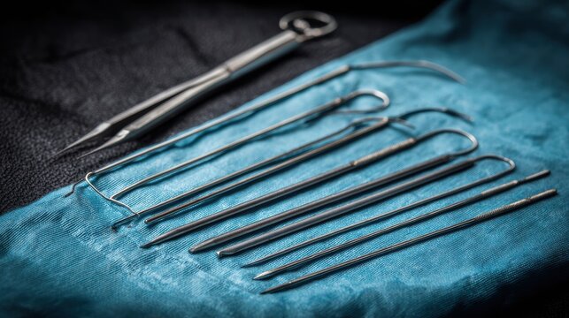 A collection of sterile metallic surgical probes and needles arranged on a blue fabric surface, showcasing essential medical tools for procedures