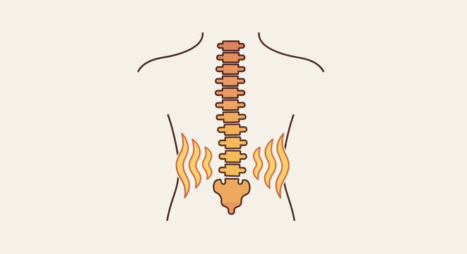 Stylized anatomical representation of a human spine with waves indicating lower back pain or inflammation, depicted in a warm color palette against a muted background.
