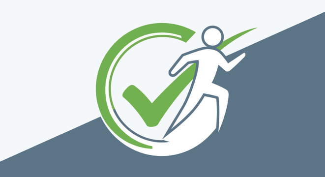 Abstract stylized stick figure runner with a large green checkmark inside a circle, representing successful completion and progress, on a clean background.