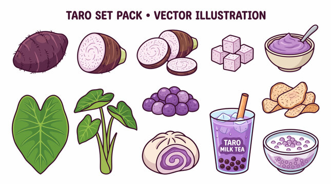 Taro cartoon illustration set with whole root vegetable halved sliced and cubed pieces