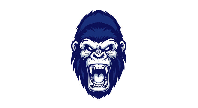 Furious Gorilla Head Mascot, Aggressive Primate Roaring, Dark Blue Illustration