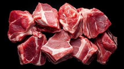 Fototapeta premium Fresh raw beef chunks arranged on black background with natural lighting