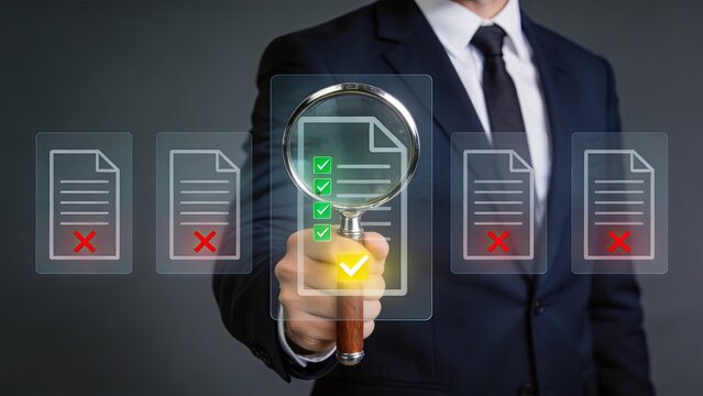 Businessman using magnifying glass to inspect digital documents with checkmarks and crosses highlighting quality control audit verification selection and approval processes in