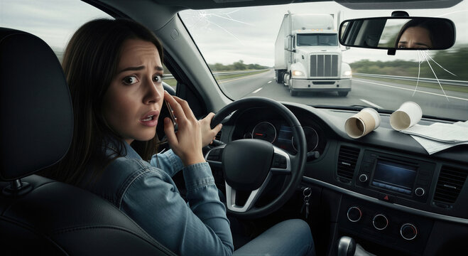 Woman driver panicked during car crash looking at truck in rearview mirror. Distracted female talking on phone while driving. Highway traffic accident with broken windshield, road safety crisis.
