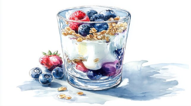 Vibrant Watercolor Greek Yogurt Parfait with Fresh Berries and Crunchy Granola Art