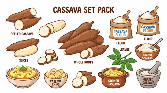 Cassava cartoon illustration set pack with whole roots flour chips and leaves