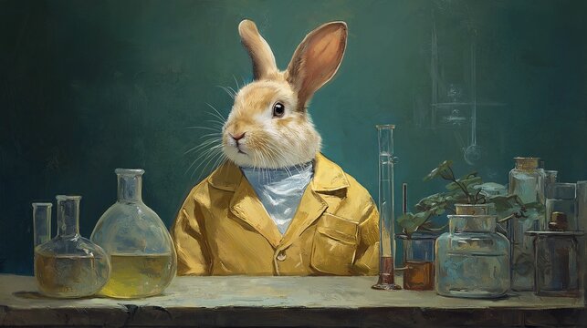 Cute rabbit dressed as scientist in yellow lab coat with laboratory glassware