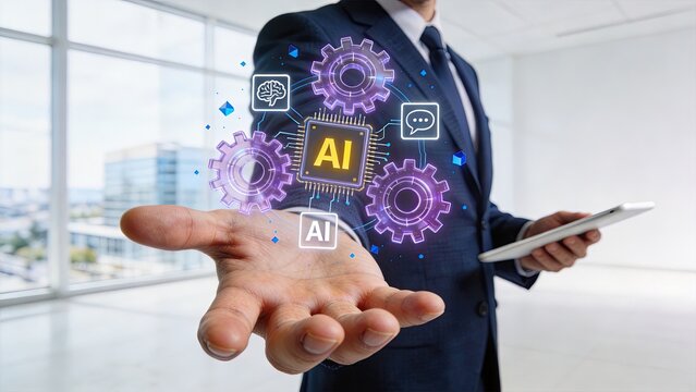 Businessman using artificial intelligence technology digital transformation smart business solutions automation machine learning future innovation corporate strategy tech