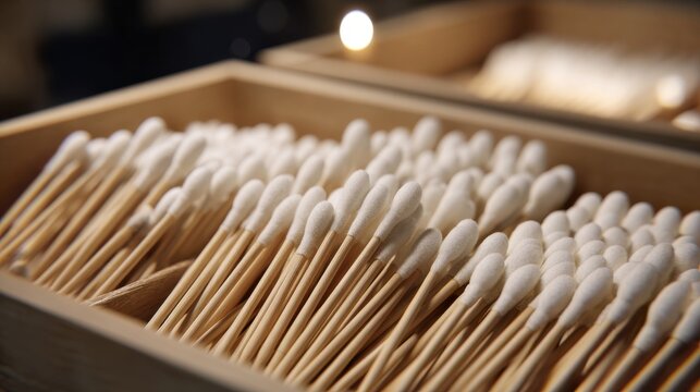 Collection of individually sealed sterile cotton swabs with wooden stems in shallow depth of field