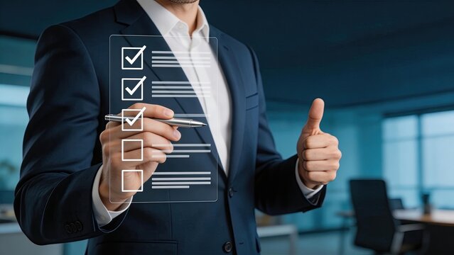 Businessman in a suit holding a pen and checking off items on a virtual checklist giving a thumbsup gesture in a modern office setting symbolizing success and approval