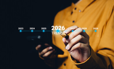 Future timeline concept. Hand drawing timeline from 2023 to 2029 with focus on 2026 trends, strategic planning roadmap, business forecasting, long term vision development, goal setting strategy © JK_kyoto