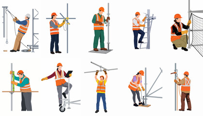 Fototapeta premium Collection of flat vector illustrations depicting construction workers in safety gear performing various scaffolding installation and inspection tasks on a white background.