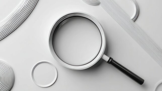 Abstract composition with magnifying glass and minimalist, geometric, and textured objects
