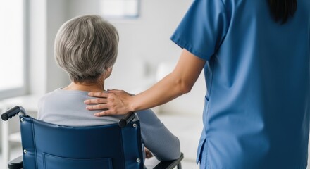 Obraz premium Caregiver provides emotional support to an elderly woman sitting in a wheelchair.