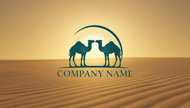 Desert Camel Logo Emblem with Sunburst Over Dunes