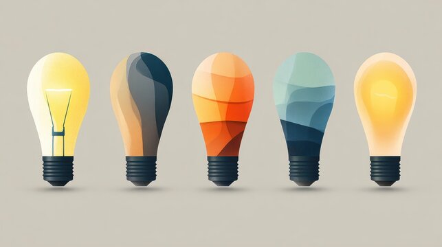 Five light bulbs with distinct designs and glow, illustrating concepts like innovation and ideas