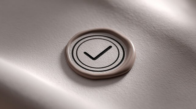 Embossed circle with checkmark on soft, neutral-colored fabric with gentle rippled texture