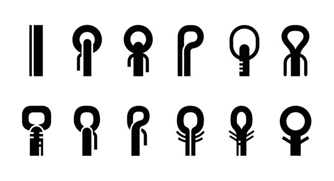 Black pipe fitting icons, plumbing symbols set, 12 water pipe connectors, vector plumbing elements