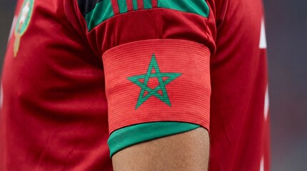 Fototapeta premium Close up of a soccer player's arm with the Moroccan flag armband showing patriotism