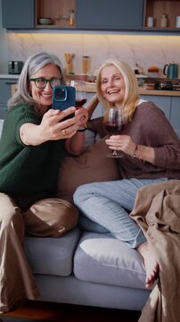 Mature women pose for selfie with wine glasses on sofa at home