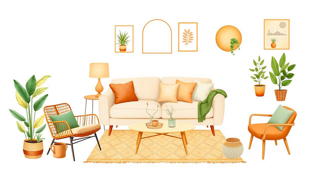 清潔感のある白いソファと観葉植物の手書き風リビング素材集
