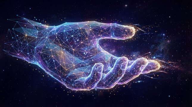 Cosmic digital hands reaching out in the vast universe of stars and nebulae