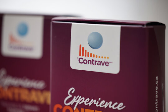Calgary, Alberta, Canada. April 14, 2026. Close-up of Contrave antiobesity medication starter kit boxes showing brand logos and labels.