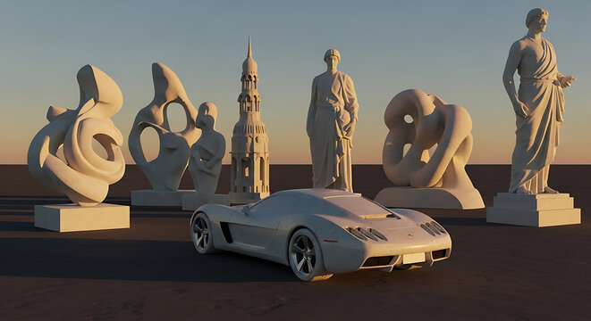 Collection of abstract sculptures and a sports car displayed at sunset, classic statues and modern art forms, outdoor exhibition setting, soft golden hour light