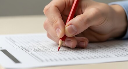 Naklejka premium Hand uses a red pencil to fill in a checkbox on a printed document.