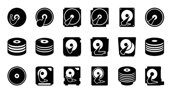 Vinyl records, CDs, and hard drives icons set, black and white, vector graphics