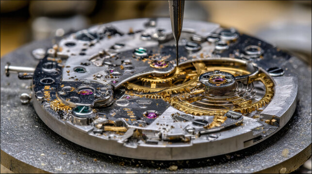 Intricate Watch Mechanism Gears and Escapement Being Assembled