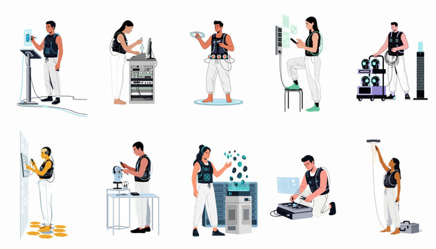 Flat illustration collection of people using futuristic haptic wearable technology, brain-computer interfaces, and advanced virtual reality systems for science and technology research.