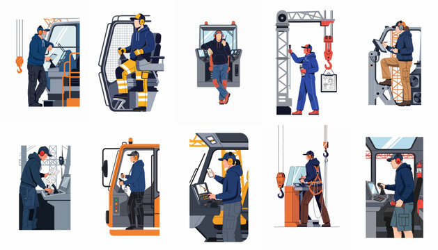 Collection of diverse heavy machinery and crane operators working in industrial environments with modern control systems and protective gear.