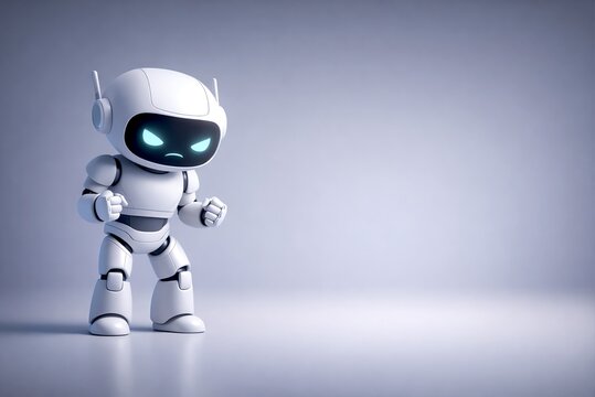 Cartoon robot leaning forward with clenched fists and determined frustrated expression, subtle tension and retry effort, minimal gradient background technology concept