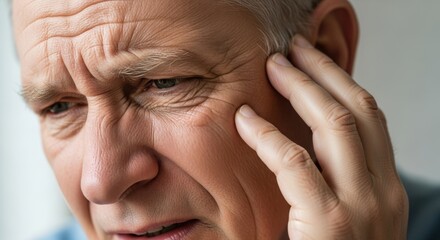 Fototapeta premium Mature man expresses deep concern while touching his face with his hand.