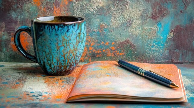 A teal mug with coffee beside an open book and pen against a textured background