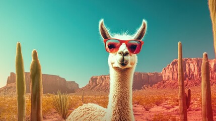 Fototapeta premium A llama in sunglasses in a desert landscape with cacti and mountains under a blue sky