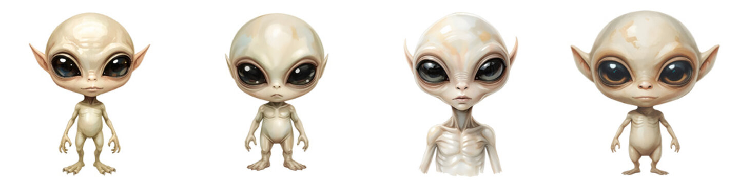 Group of four friendly extraterrestrial beings standing in front of a black background