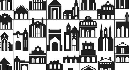 Naklejka premium Black and white city buildings icons.