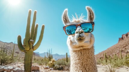 Fototapeta premium A cool llama wearing sunglasses in a sunny desert landscape with cacti and mountains