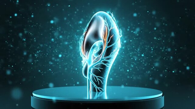 Futuristic holographic model of a human ear with vibrant glowing effects and digital particles highlighting advanced auditory