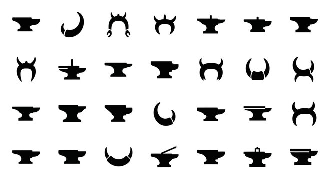 Black anvil, metal workshop, industrial icon set, 25 anvil symbols, vector graphics