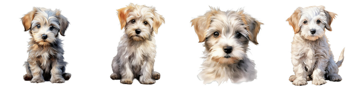 Four adorable havanese puppies sit against a black background in an artistic rendering