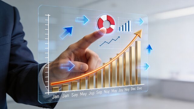 Businessman touching futuristic hologram interface with growing financial chart data analysis profit growth success strategy investment planning economic development corporate