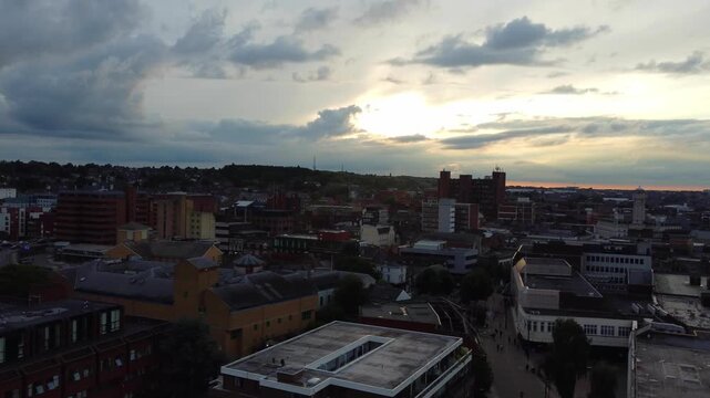 High Angle View of Luton City Centre, England United Kingdom during Orange Cloudy sunset